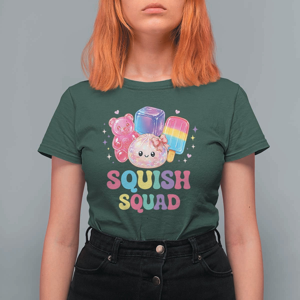 Squish Squad Kawaii Glitter Dumpling and Candy Graphic T Shirt For Women Cute Gummy Bear Popsicle