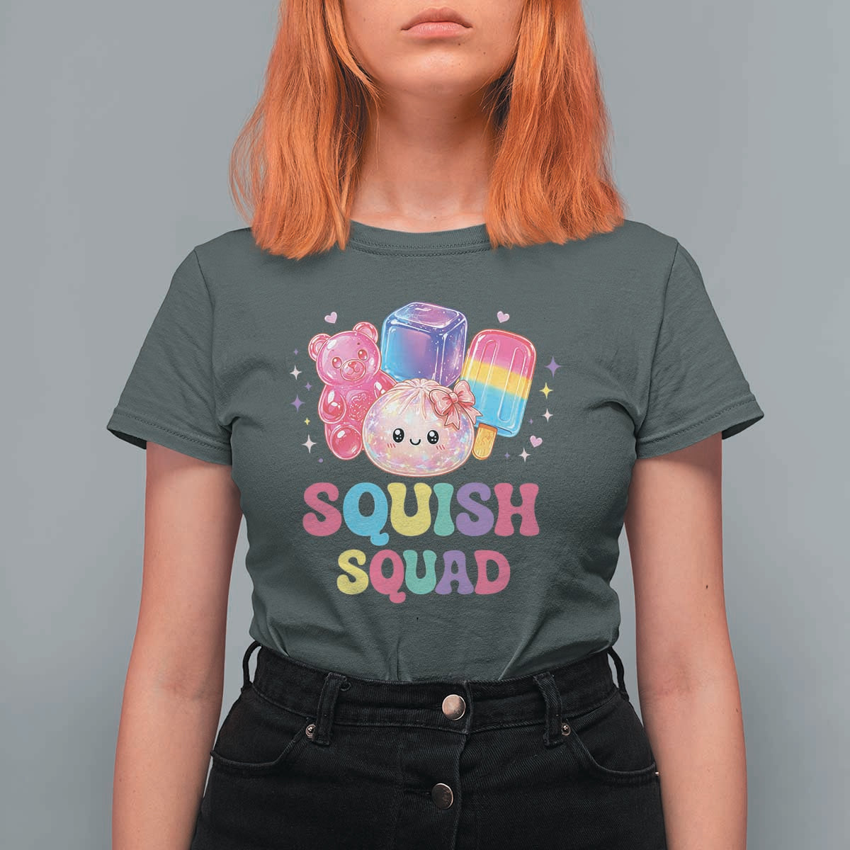 Squish Squad Kawaii Glitter Dumpling and Candy Graphic T Shirt For Women Cute Gummy Bear Popsicle