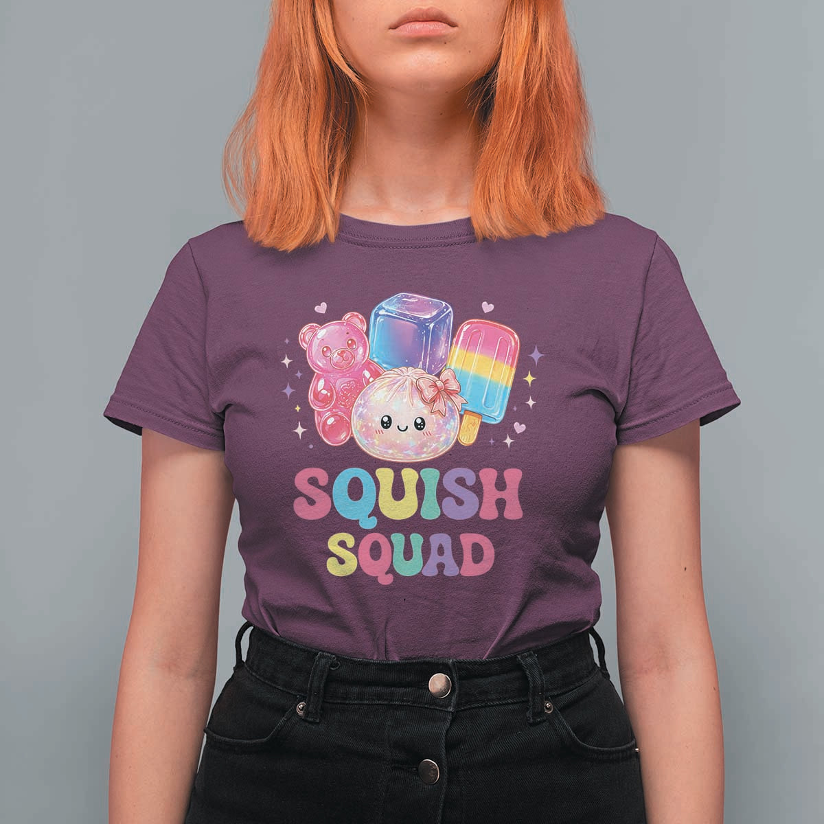 Squish Squad Kawaii Glitter Dumpling and Candy Graphic T Shirt For Women Cute Gummy Bear Popsicle