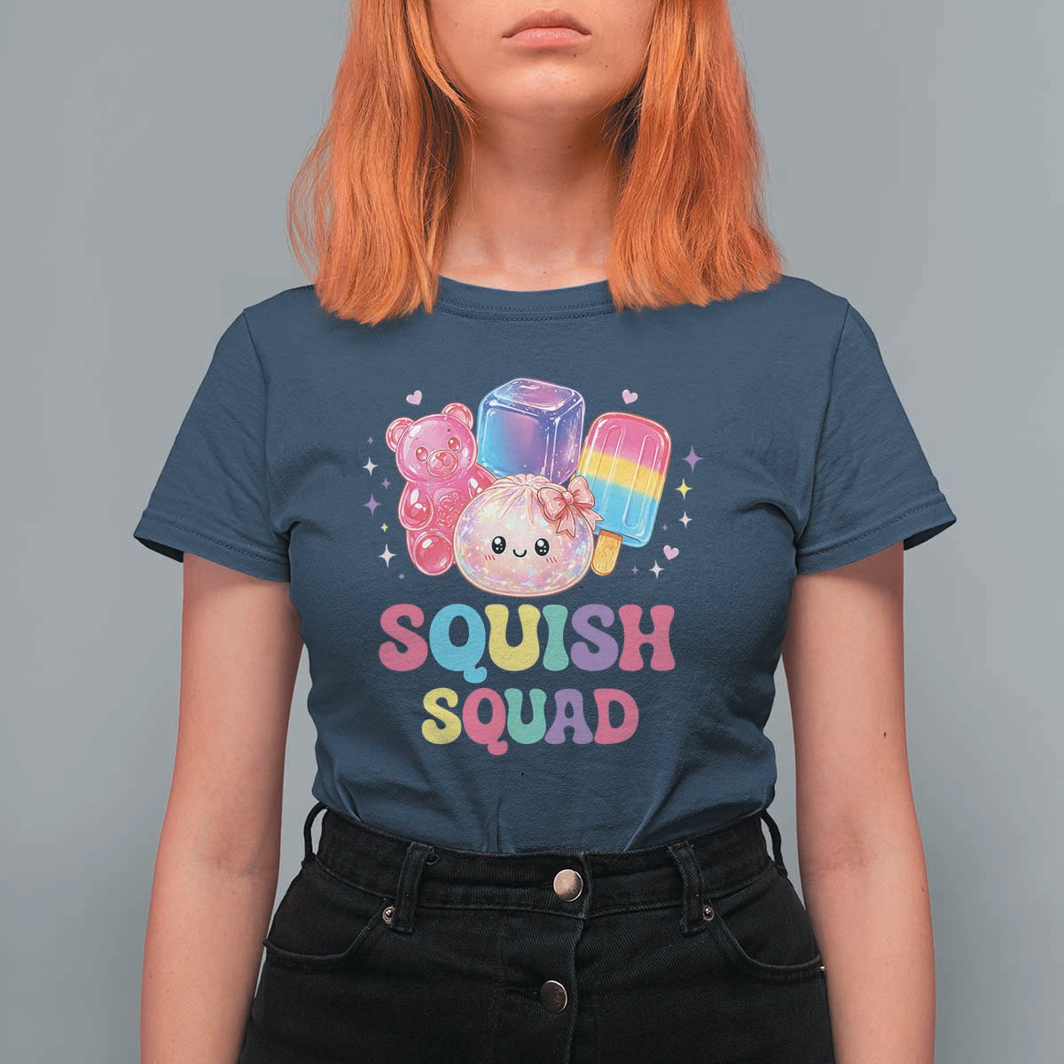 Squish Squad Kawaii Glitter Dumpling and Candy Graphic T Shirt For Women Cute Gummy Bear Popsicle