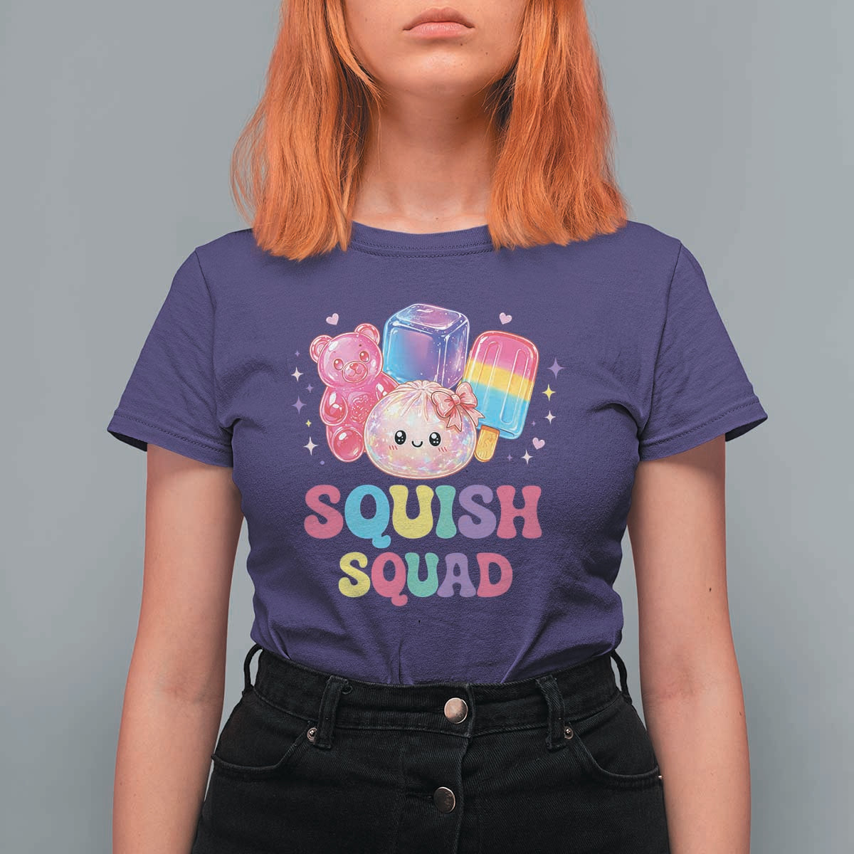Squish Squad Kawaii Glitter Dumpling and Candy Graphic T Shirt For Women Cute Gummy Bear Popsicle
