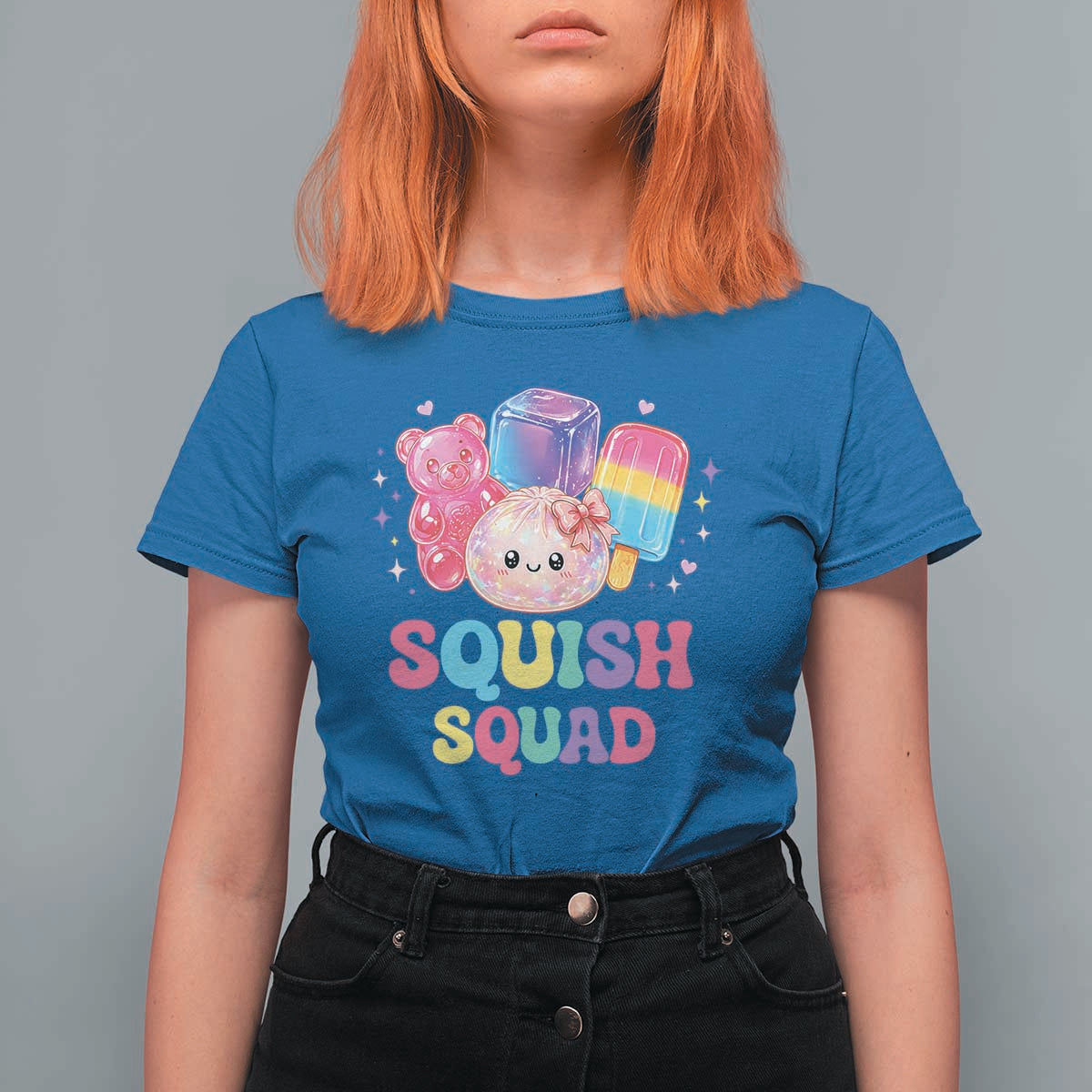 Squish Squad Kawaii Glitter Dumpling and Candy Graphic T Shirt For Women Cute Gummy Bear Popsicle