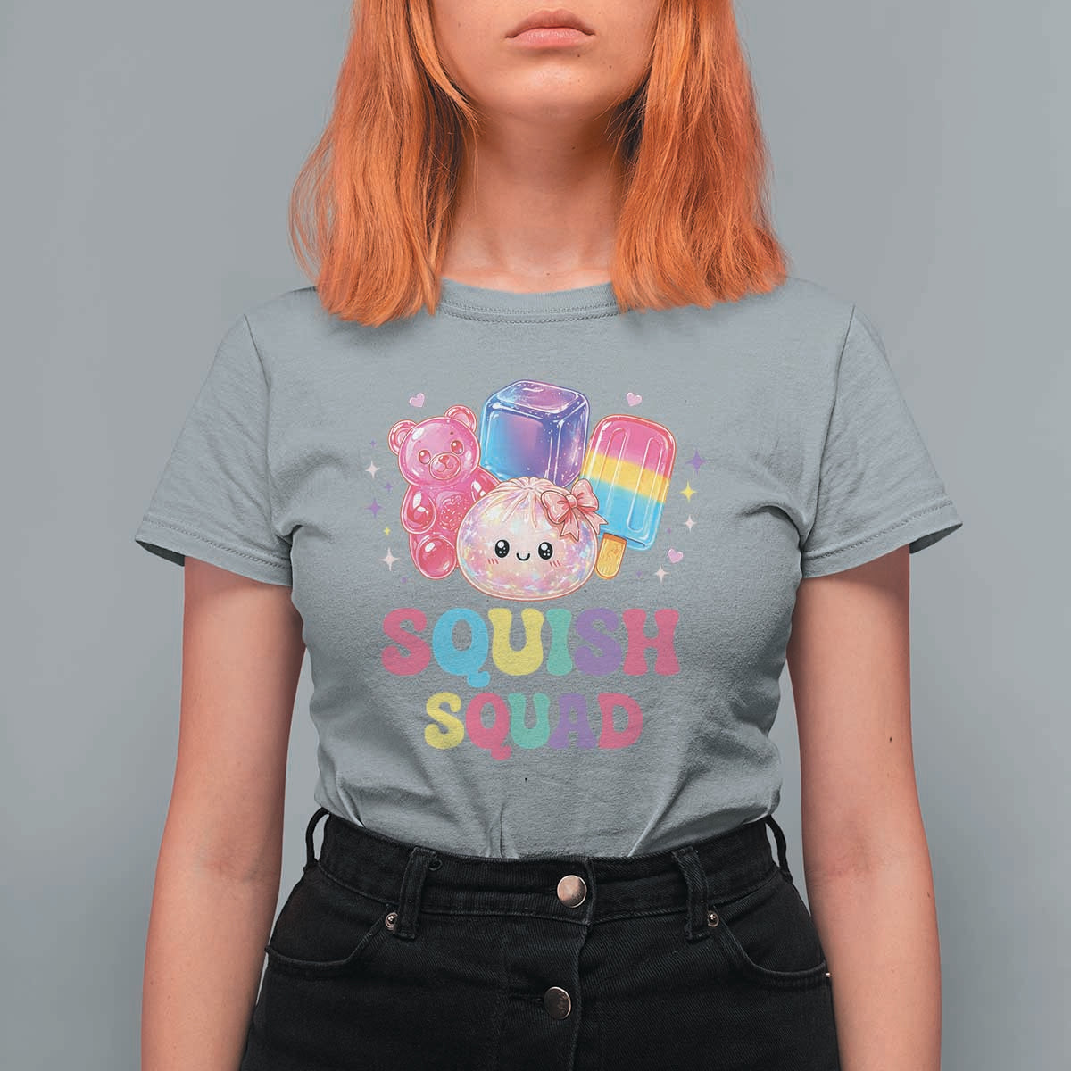 Squish Squad Kawaii Glitter Dumpling and Candy Graphic T Shirt For Women Cute Gummy Bear Popsicle