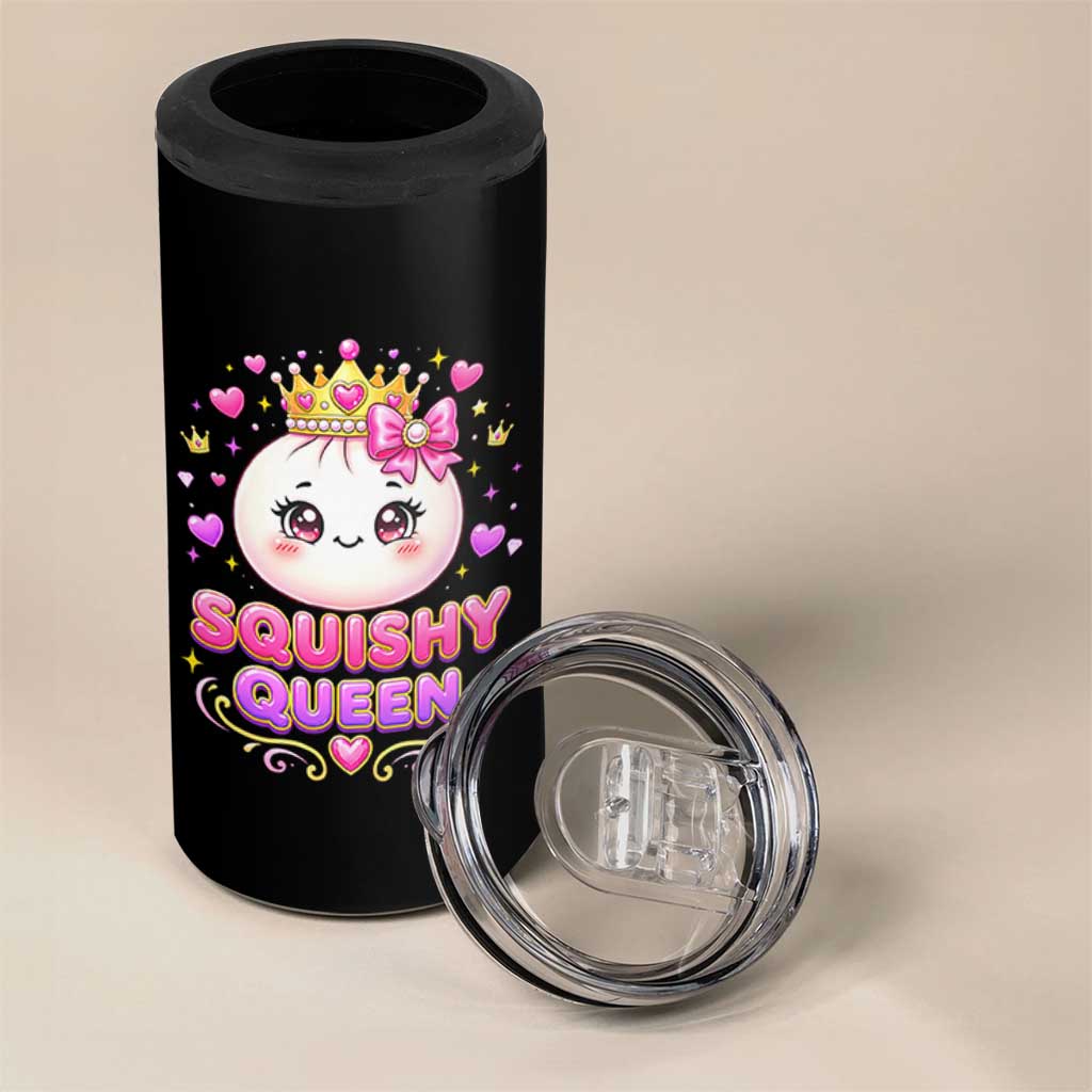 Squishy Queen Kawaii Glitter Dumpling Graphic 4 in 1 Can Cooler Tumbler Cute Tiara Crown and Pink Bow
