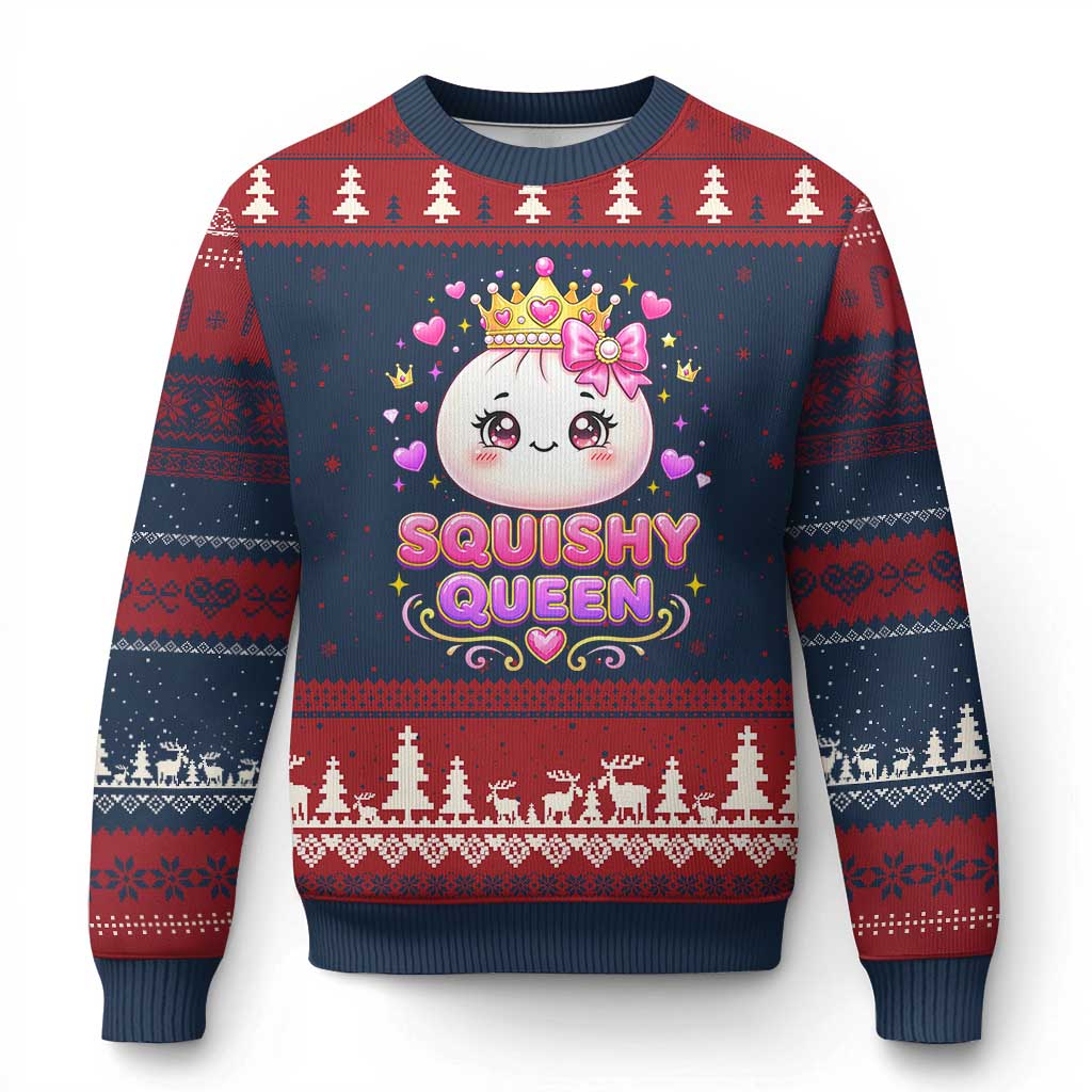 Squishy Queen Kawaii Glitter Dumpling Graphic Ugly Christmas Sweater Cute Tiara Crown and Pink Bow