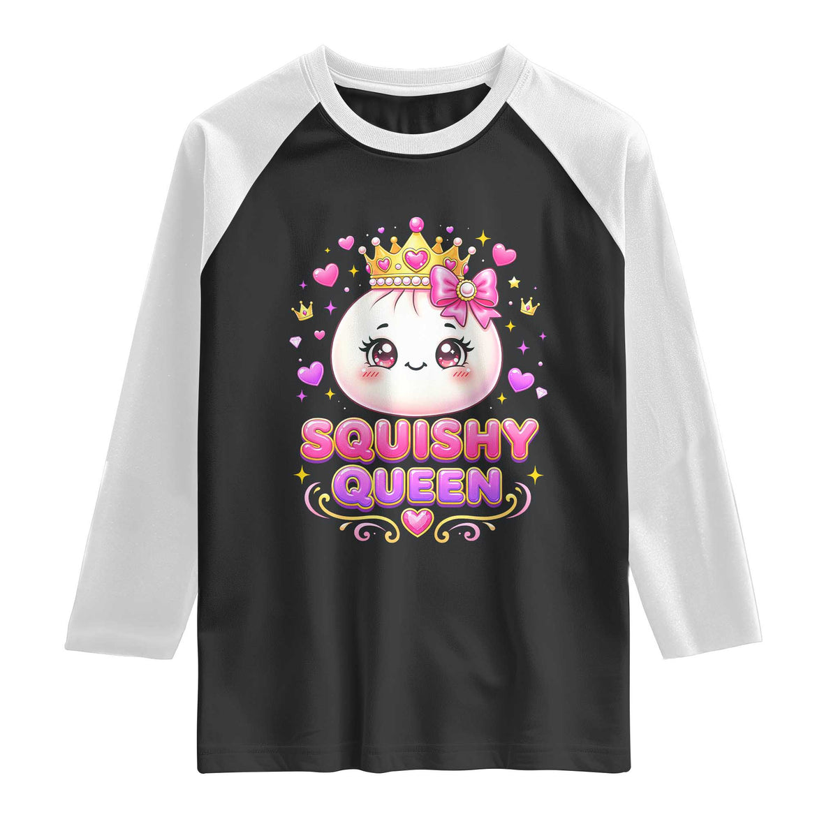Squishy Queen Kawaii Glitter Dumpling Graphic Raglan Shirt Cute Tiara Crown and Pink Bow