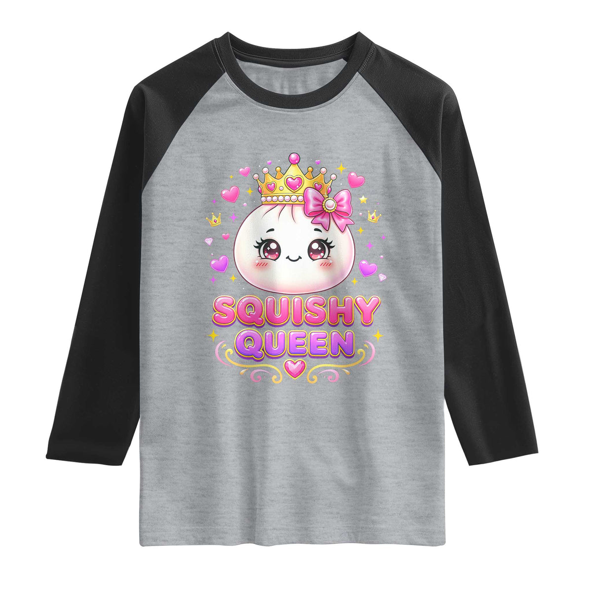 Squishy Queen Kawaii Glitter Dumpling Graphic Raglan Shirt Cute Tiara Crown and Pink Bow