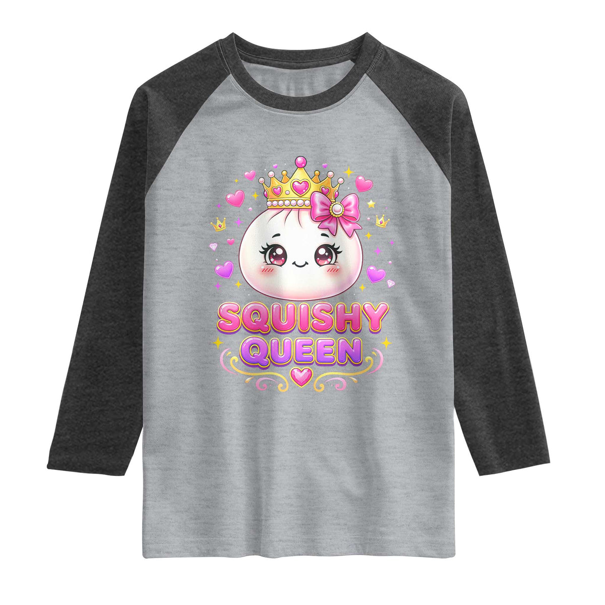 Squishy Queen Kawaii Glitter Dumpling Graphic Raglan Shirt Cute Tiara Crown and Pink Bow
