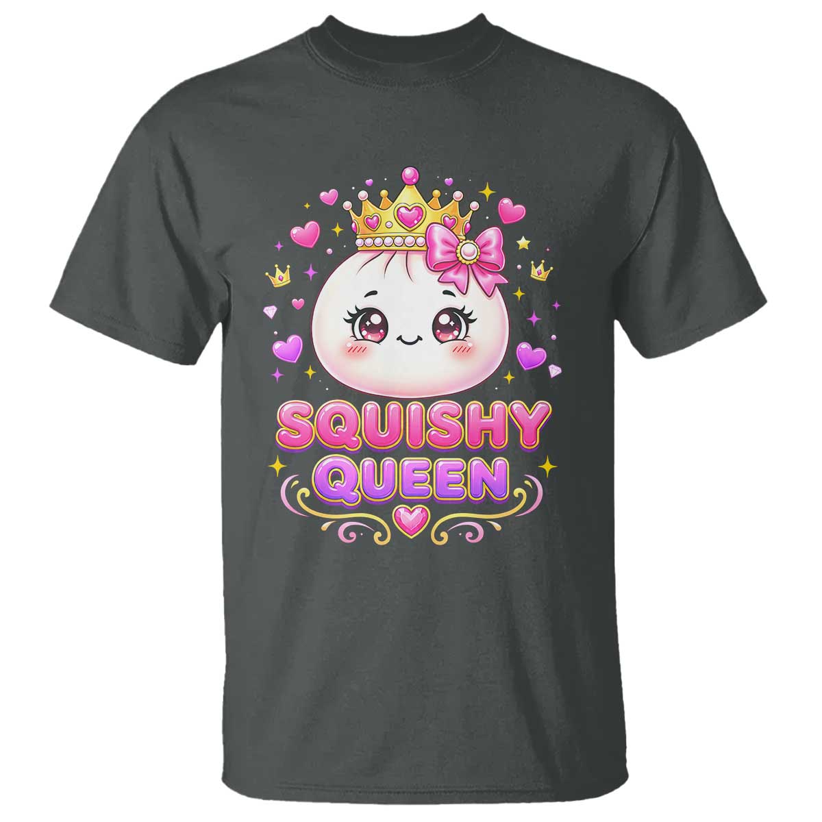 Squishy Queen Kawaii Glitter Dumpling Graphic T Shirt Cute Tiara Crown and Pink Bow