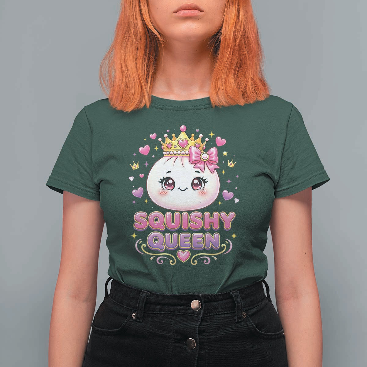Squishy Queen Kawaii Glitter Dumpling Graphic T Shirt For Women Cute Tiara Crown and Pink Bow