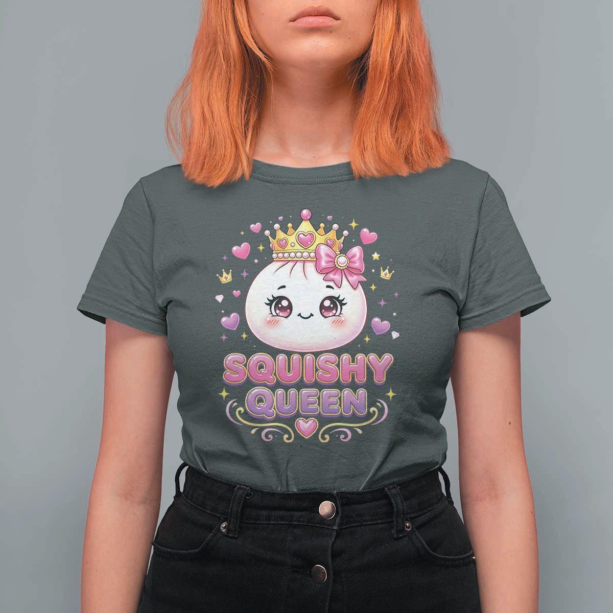 Squishy Queen Kawaii Glitter Dumpling Graphic T Shirt For Women Cute Tiara Crown and Pink Bow