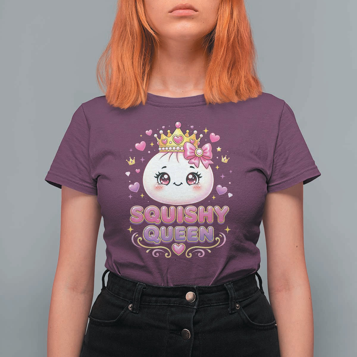 Squishy Queen Kawaii Glitter Dumpling Graphic T Shirt For Women Cute Tiara Crown and Pink Bow