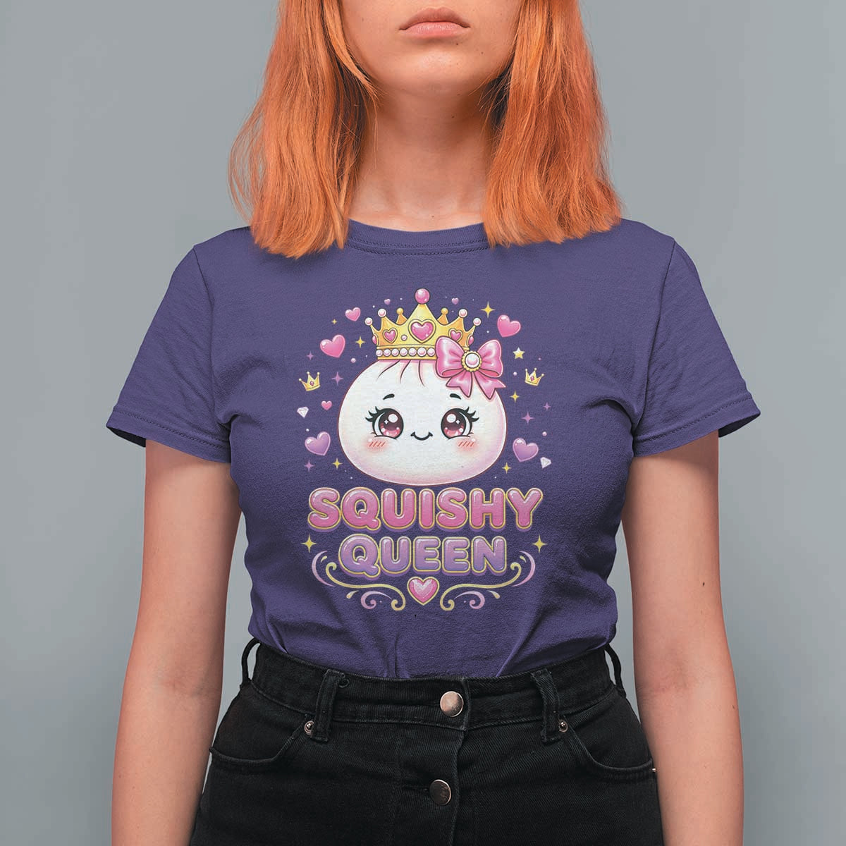 Squishy Queen Kawaii Glitter Dumpling Graphic T Shirt For Women Cute Tiara Crown and Pink Bow