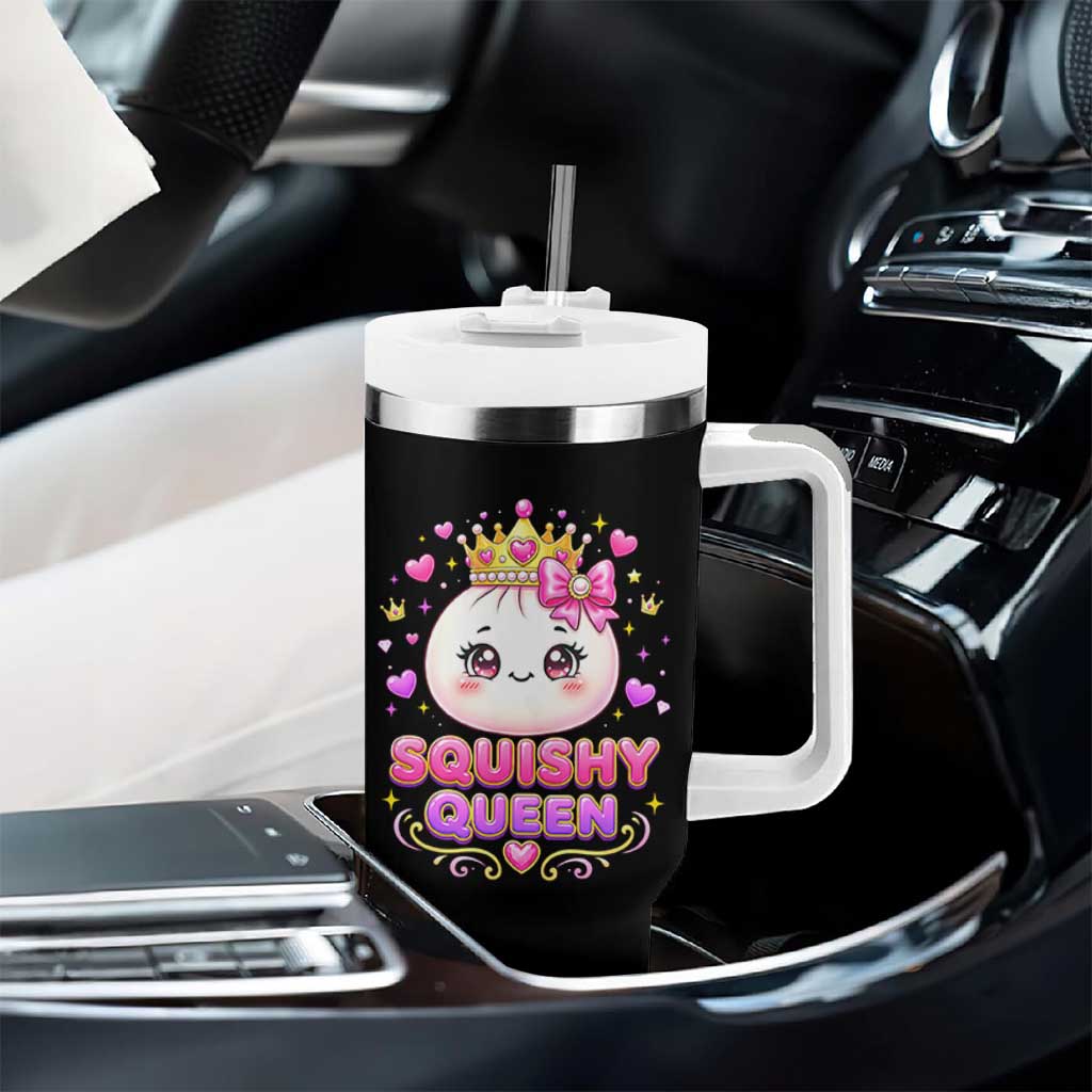 Squishy Queen Kawaii Glitter Dumpling Graphic Tumbler With Handle Cute Tiara Crown and Pink Bow