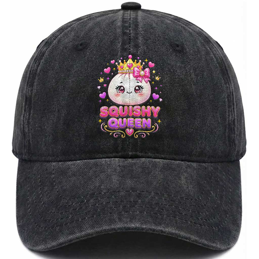 Squishy Queen Kawaii Glitter Dumpling Graphic Washed Cotton Baseball Cap Cute Tiara Crown and Pink Bow