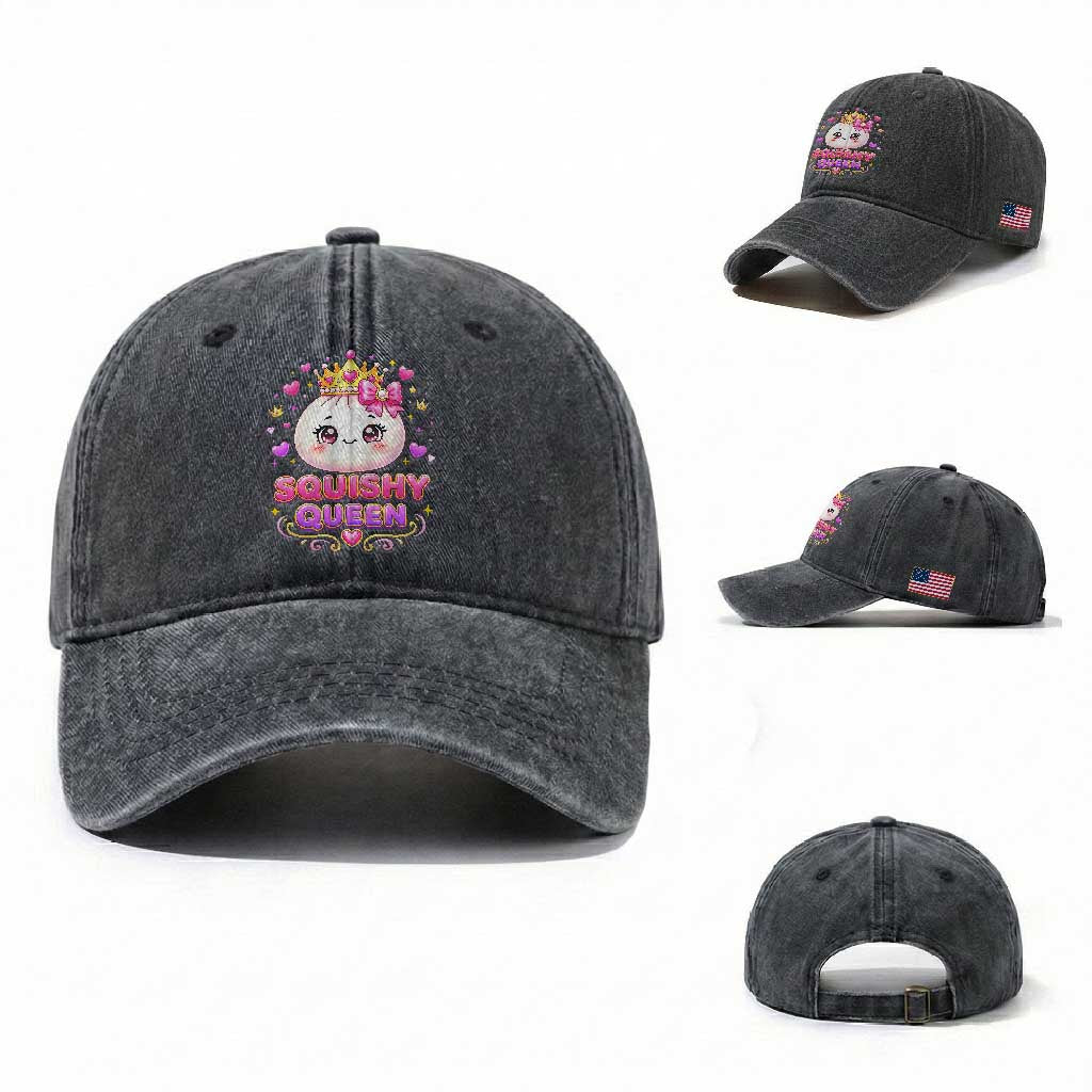 Squishy Queen Kawaii Glitter Dumpling Graphic Washed Cotton Baseball Cap Cute Tiara Crown and Pink Bow
