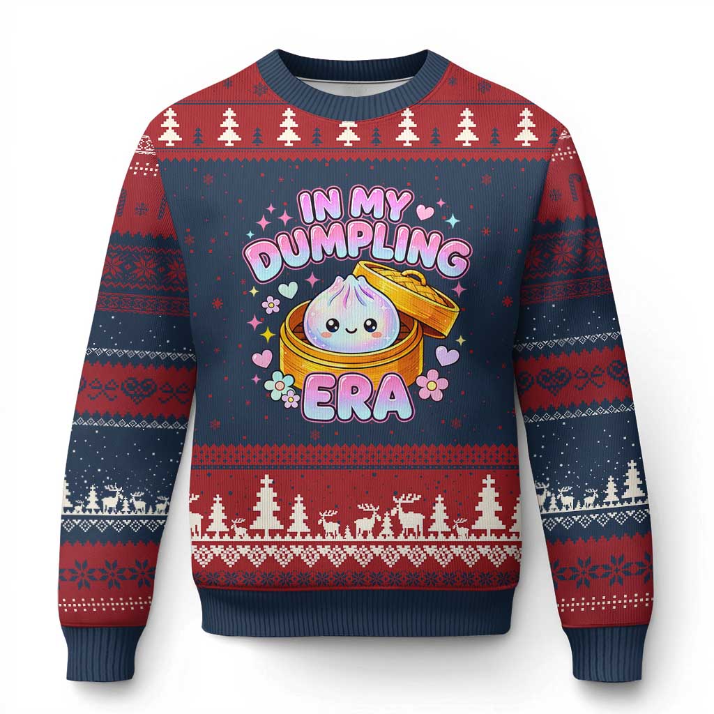 In My Dumpling Era Kawaii Pastel Graphic Ugly Christmas Sweater Retro Groovy Glitter Bao Steamer Basket