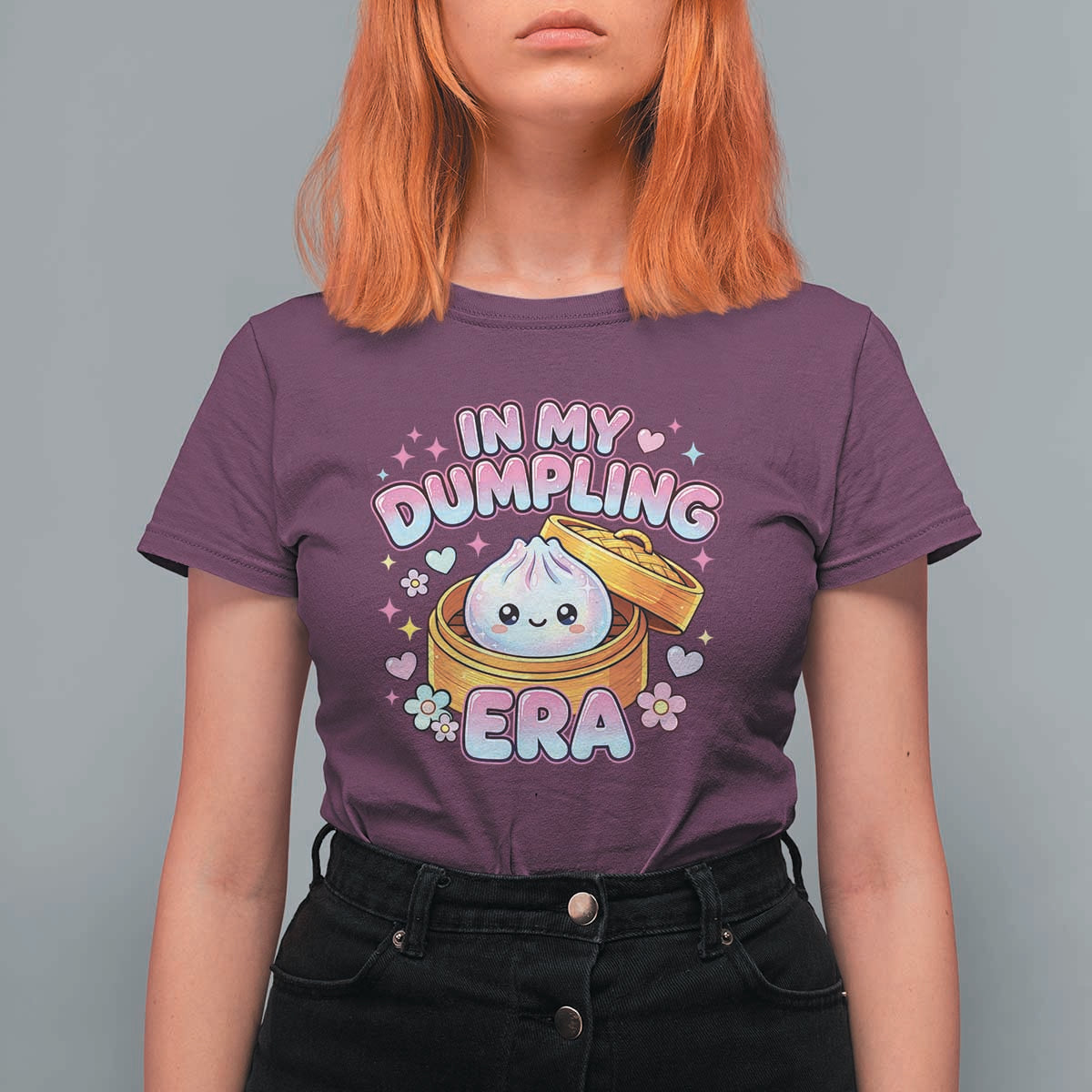 In My Dumpling Era Kawaii Pastel Graphic T Shirt For Women Retro Groovy Glitter Bao Steamer Basket