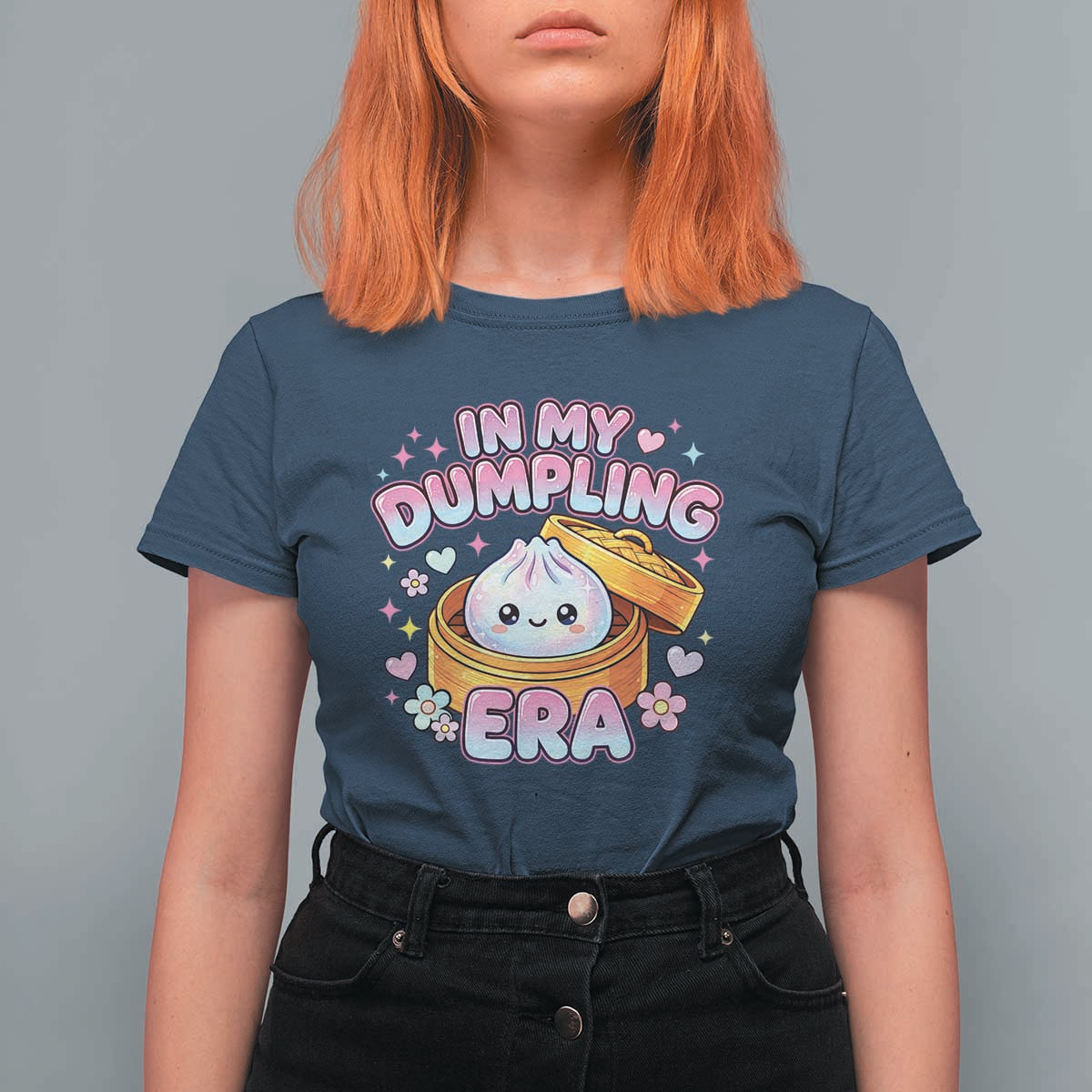 In My Dumpling Era Kawaii Pastel Graphic T Shirt For Women Retro Groovy Glitter Bao Steamer Basket