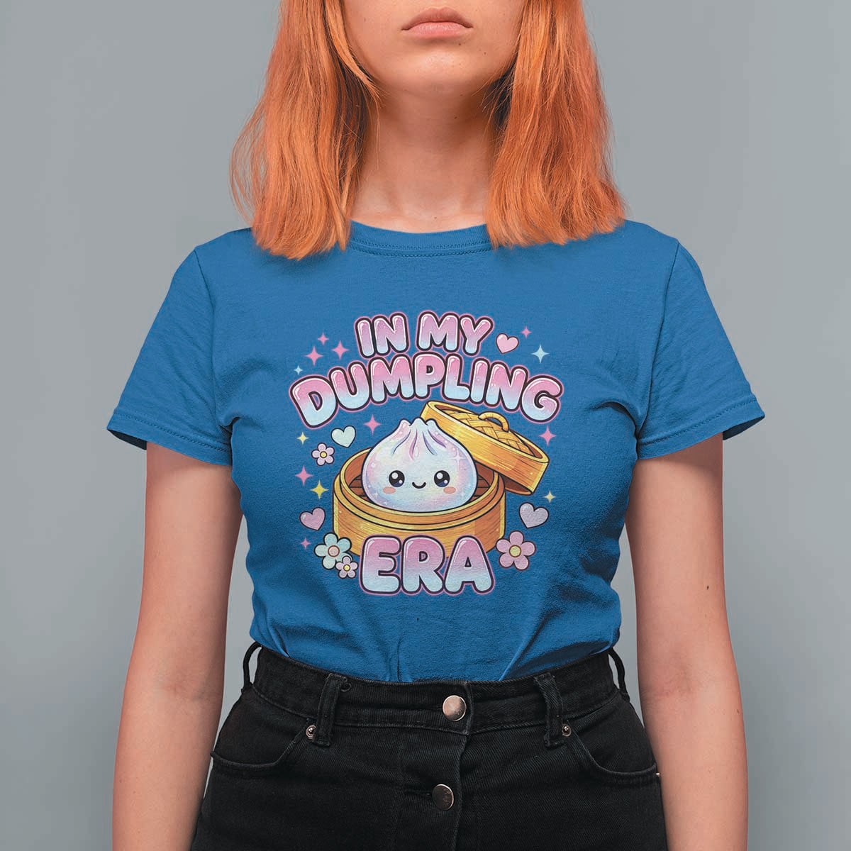 In My Dumpling Era Kawaii Pastel Graphic T Shirt For Women Retro Groovy Glitter Bao Steamer Basket