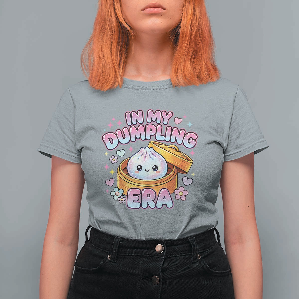 In My Dumpling Era Kawaii Pastel Graphic T Shirt For Women Retro Groovy Glitter Bao Steamer Basket