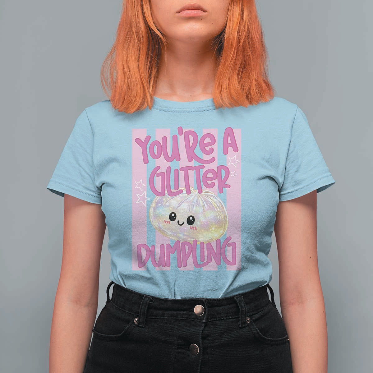You Are A Glitter Dumpling Cute Preppy Pastel Graphic T Shirt For Women Kawaii Pastel Pink Striped Food Quote