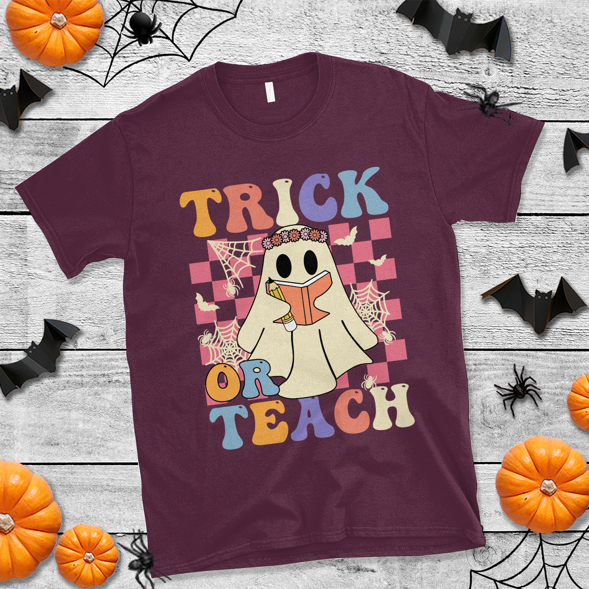 Halloween Teacher T Shirt Trick or Teach Retro Floral Ghost Funny Halloween Teacher - Wonder Print Shop