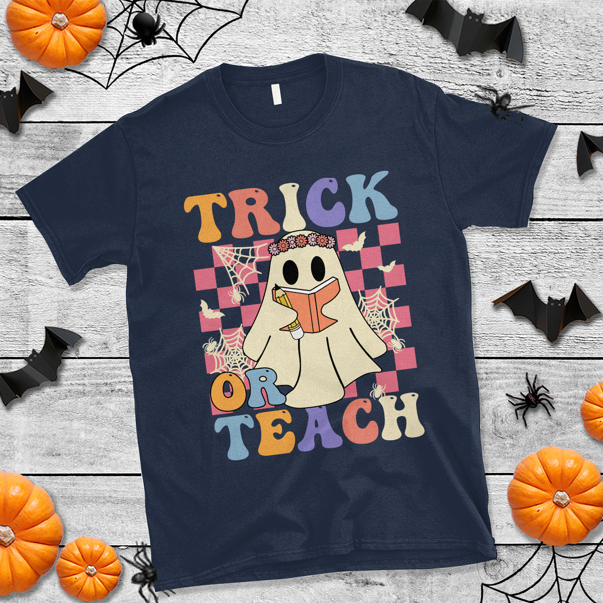 Halloween Teacher T Shirt Trick or Teach Retro Floral Ghost Funny Halloween Teacher - Wonder Print Shop
