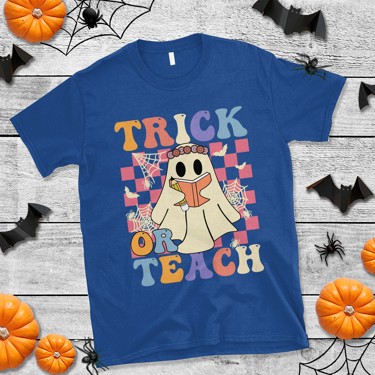 Halloween Teacher T Shirt Trick or Teach Retro Floral Ghost Funny Halloween Teacher - Wonder Print Shop
