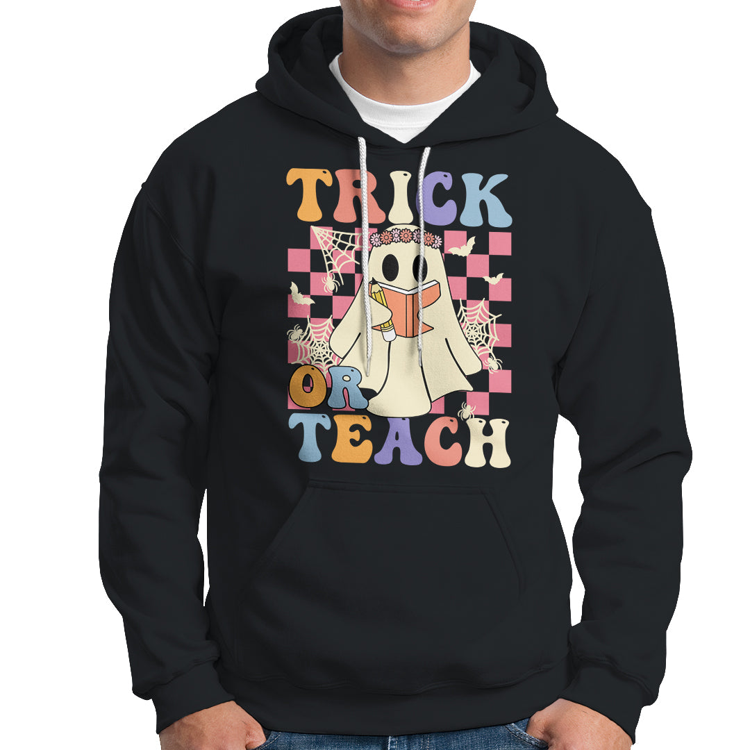 Halloween Teacher Hoodie Trick or Teach Retro Floral Ghost Funny Halloween Teacher - Wonder Print Shop