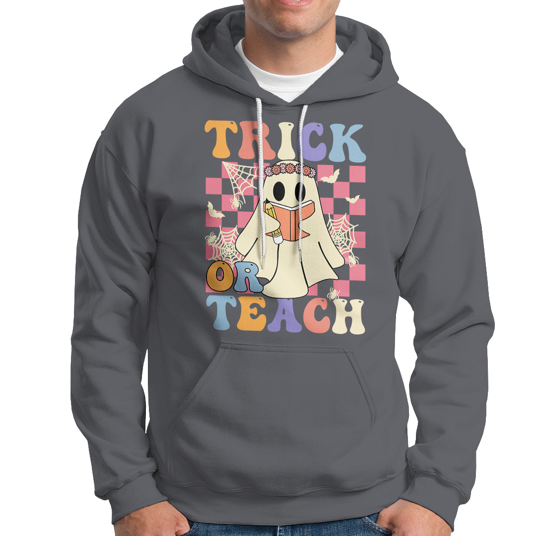 Halloween Teacher Hoodie Trick or Teach Retro Floral Ghost Funny Halloween Teacher - Wonder Print Shop
