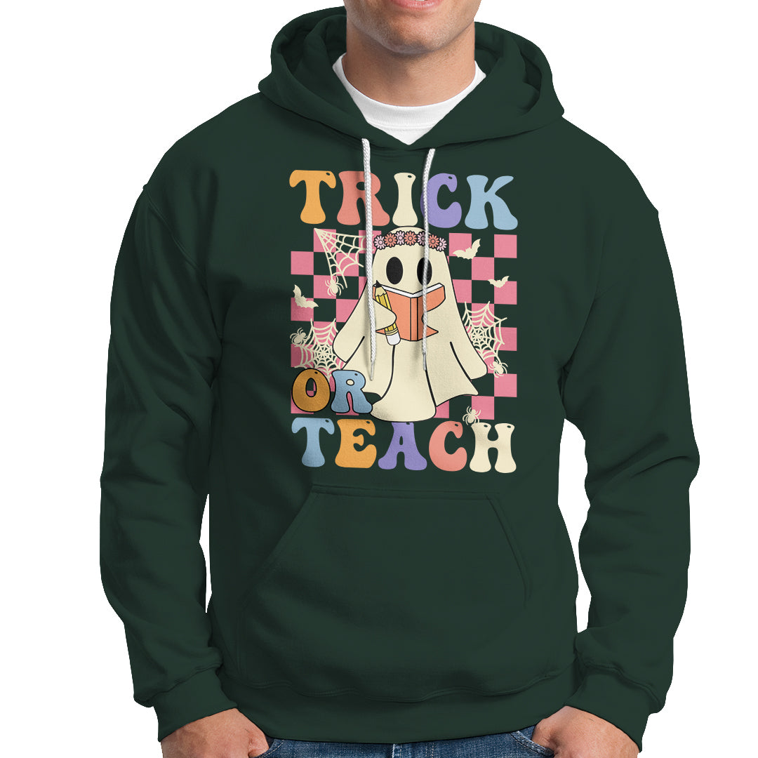 Halloween Teacher Hoodie Trick or Teach Retro Floral Ghost Funny Halloween Teacher - Wonder Print Shop