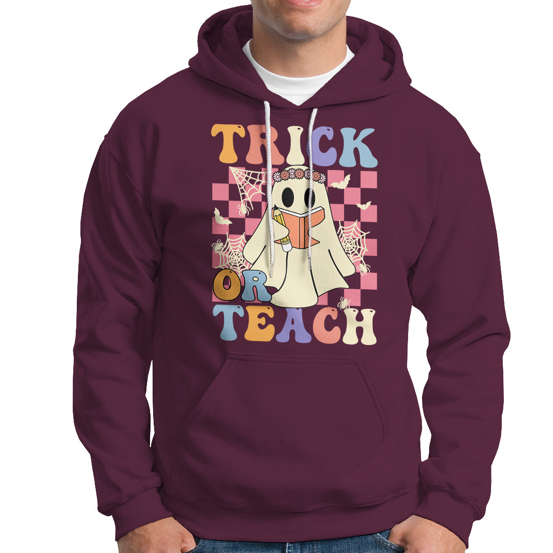 Halloween Teacher Hoodie Trick or Teach Retro Floral Ghost Funny Halloween Teacher - Wonder Print Shop