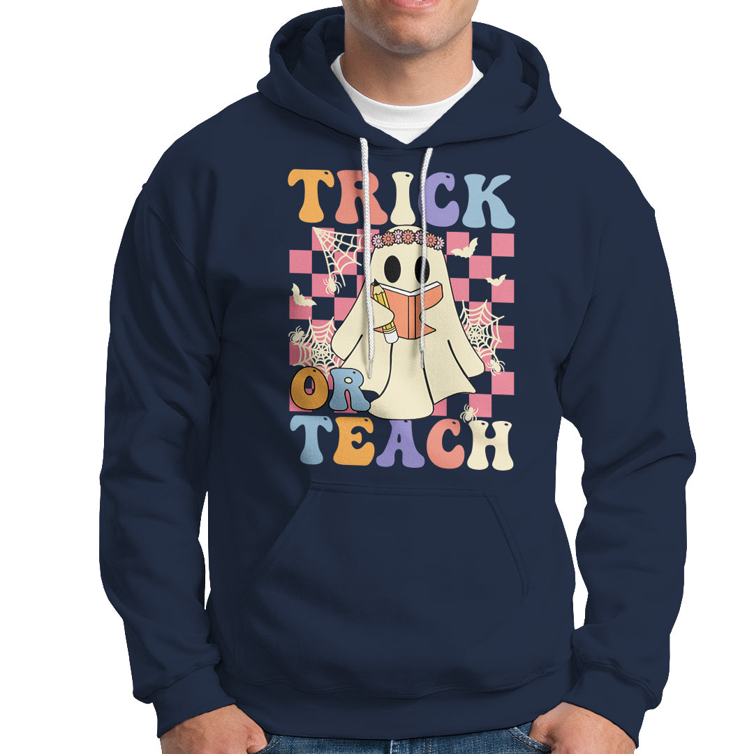 Halloween Teacher Hoodie Trick or Teach Retro Floral Ghost Funny Halloween Teacher - Wonder Print Shop