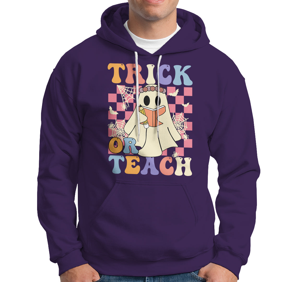 Halloween Teacher Hoodie Trick or Teach Retro Floral Ghost Funny Halloween Teacher - Wonder Print Shop