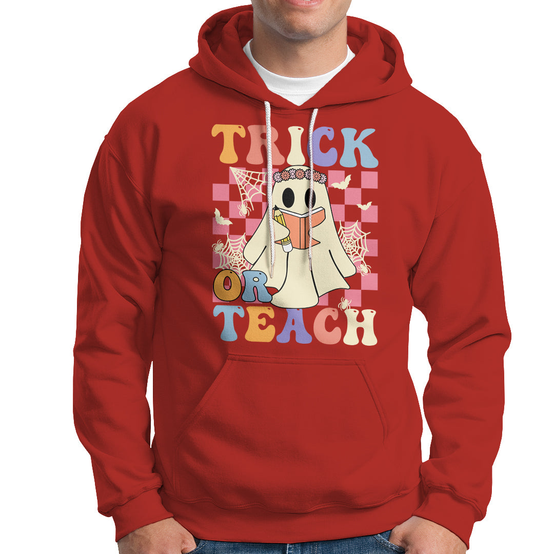 Halloween Teacher Hoodie Trick or Teach Retro Floral Ghost Funny Halloween Teacher - Wonder Print Shop