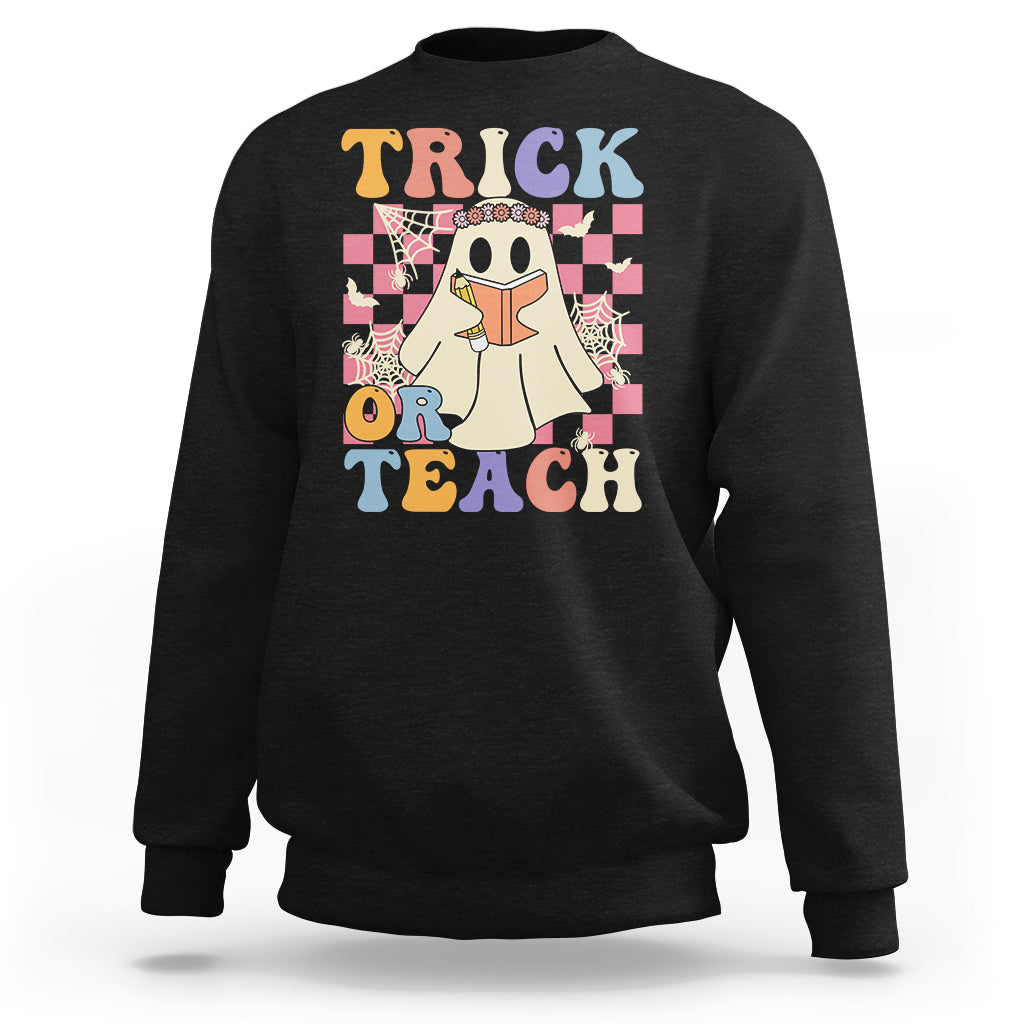 Halloween Teacher Sweatshirt Trick or Teach Retro Floral Ghost Funny Halloween Teacher - Wonder Print Shop