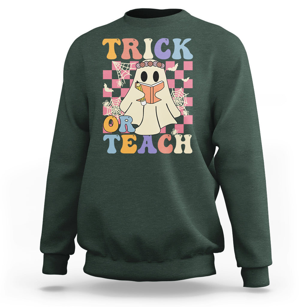 Halloween Teacher Sweatshirt Trick or Teach Retro Floral Ghost Funny Halloween Teacher - Wonder Print Shop