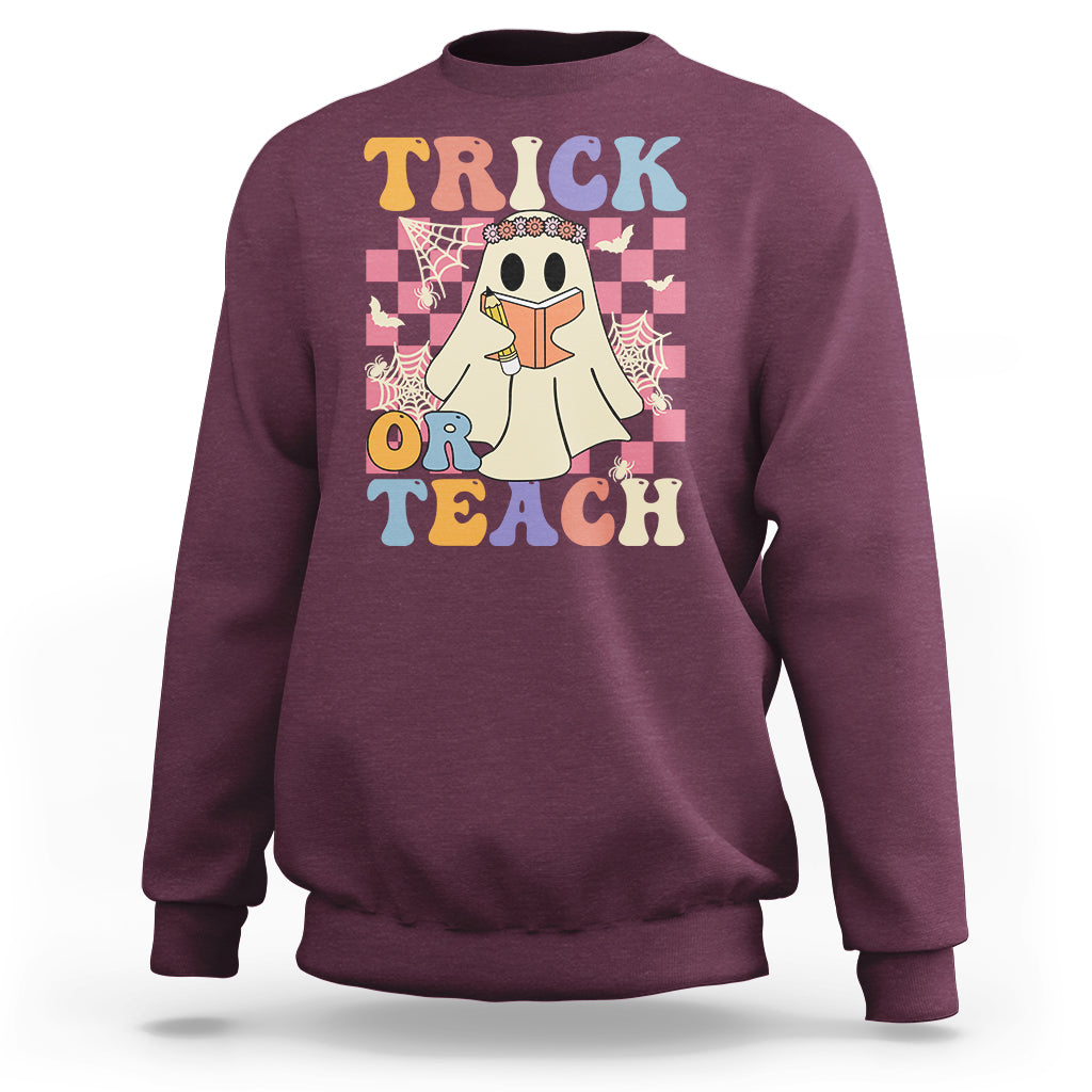 Halloween Teacher Sweatshirt Trick or Teach Retro Floral Ghost Funny Halloween Teacher - Wonder Print Shop