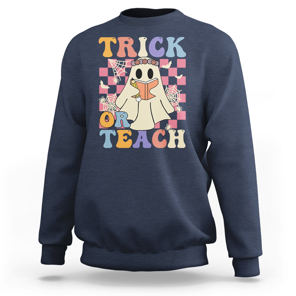 Halloween Teacher Sweatshirt Trick or Teach Retro Floral Ghost Funny Halloween Teacher - Wonder Print Shop