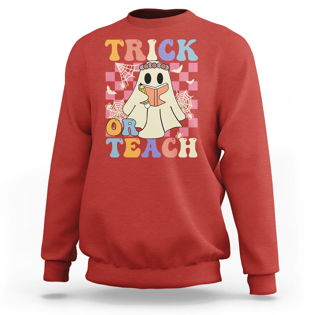 Halloween Teacher Sweatshirt Trick or Teach Retro Floral Ghost Funny Halloween Teacher - Wonder Print Shop
