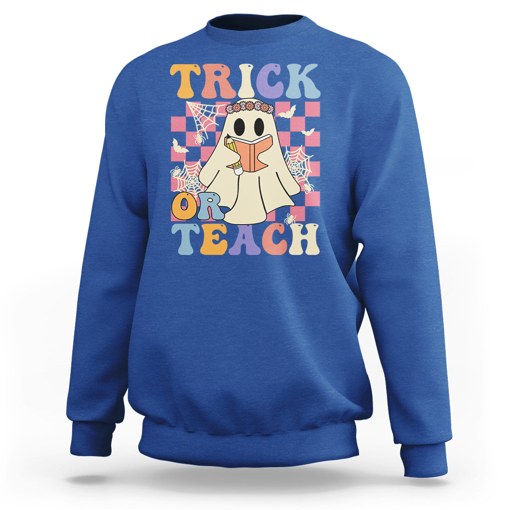 Halloween Teacher Sweatshirt Trick or Teach Retro Floral Ghost Funny Halloween Teacher - Wonder Print Shop