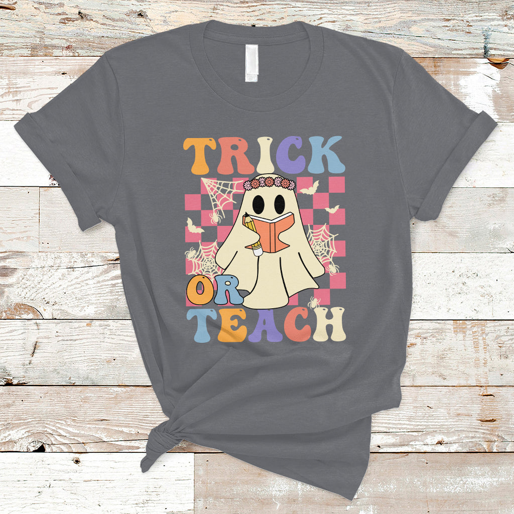 Halloween Teacher T Shirt Trick or Teach Retro Floral Ghost Funny Halloween Teacher - Wonder Print Shop