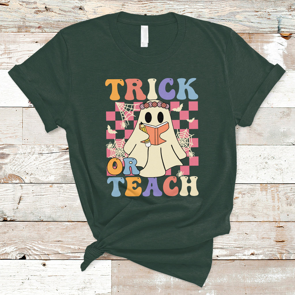 Halloween Teacher T Shirt Trick or Teach Retro Floral Ghost Funny Halloween Teacher - Wonder Print Shop