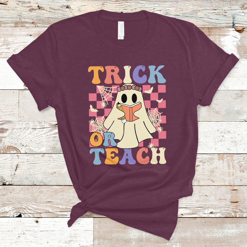 Halloween Teacher T Shirt Trick or Teach Retro Floral Ghost Funny Halloween Teacher - Wonder Print Shop