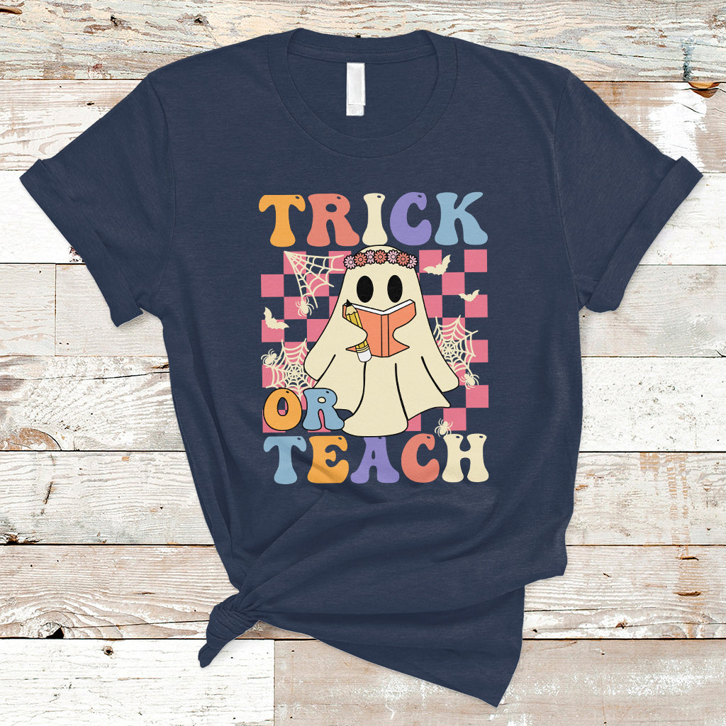 Halloween Teacher T Shirt Trick or Teach Retro Floral Ghost Funny Halloween Teacher - Wonder Print Shop