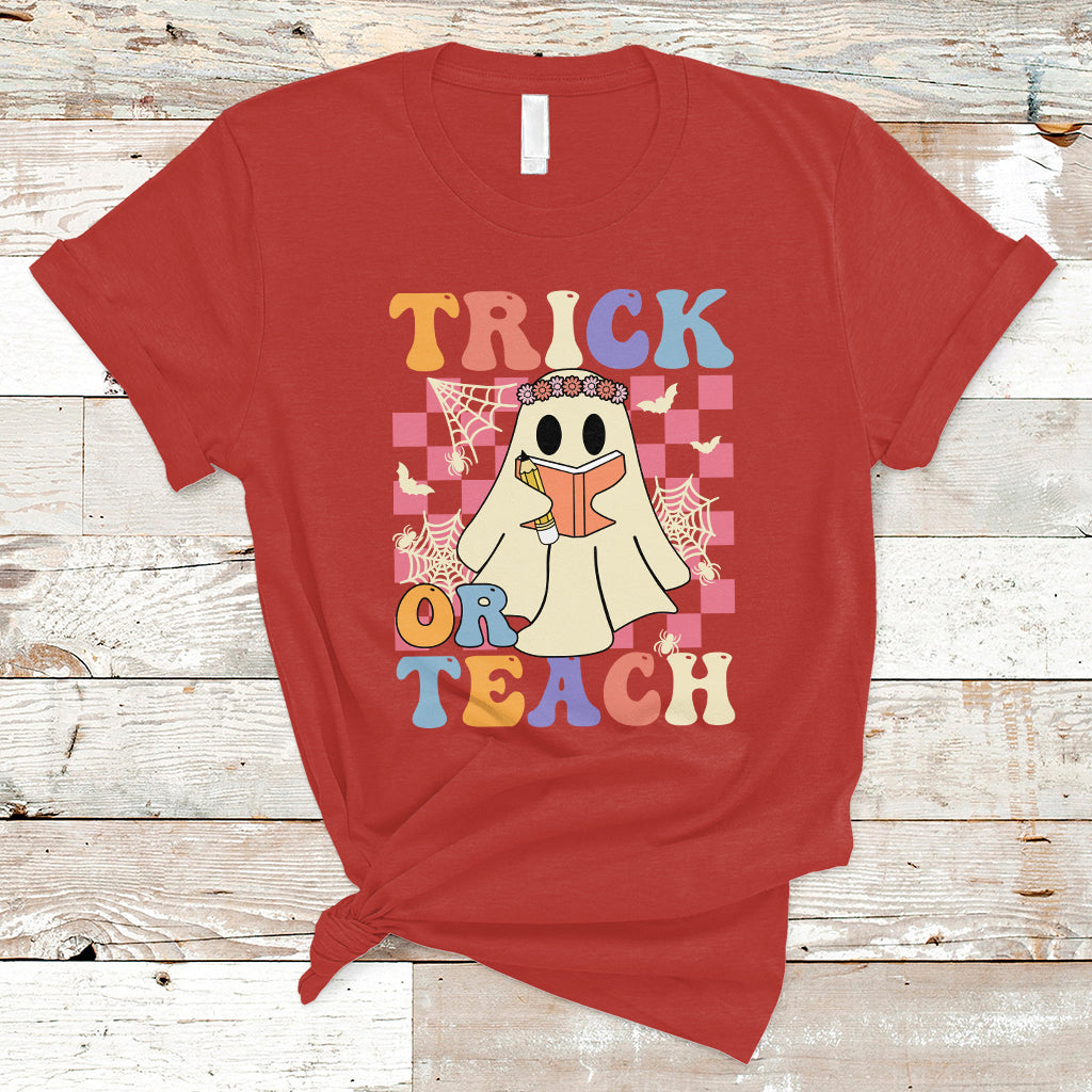 Halloween Teacher T Shirt Trick or Teach Retro Floral Ghost Funny Halloween Teacher - Wonder Print Shop