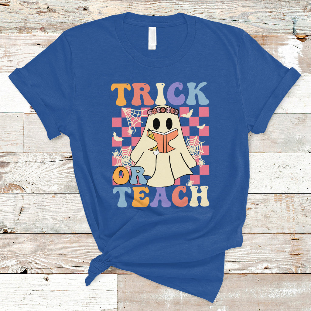 Halloween Teacher T Shirt Trick or Teach Retro Floral Ghost Funny Halloween Teacher - Wonder Print Shop
