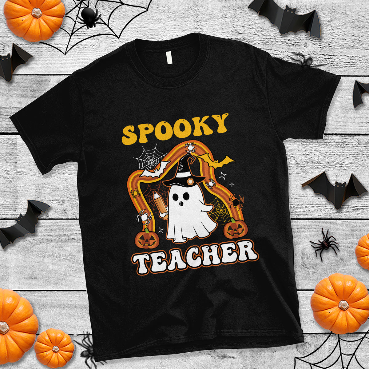 Halloween Teacher T Shirt Spooky Teacher Retro Rainbow Ghost Funny Halloween Teacher - Wonder Print Shop