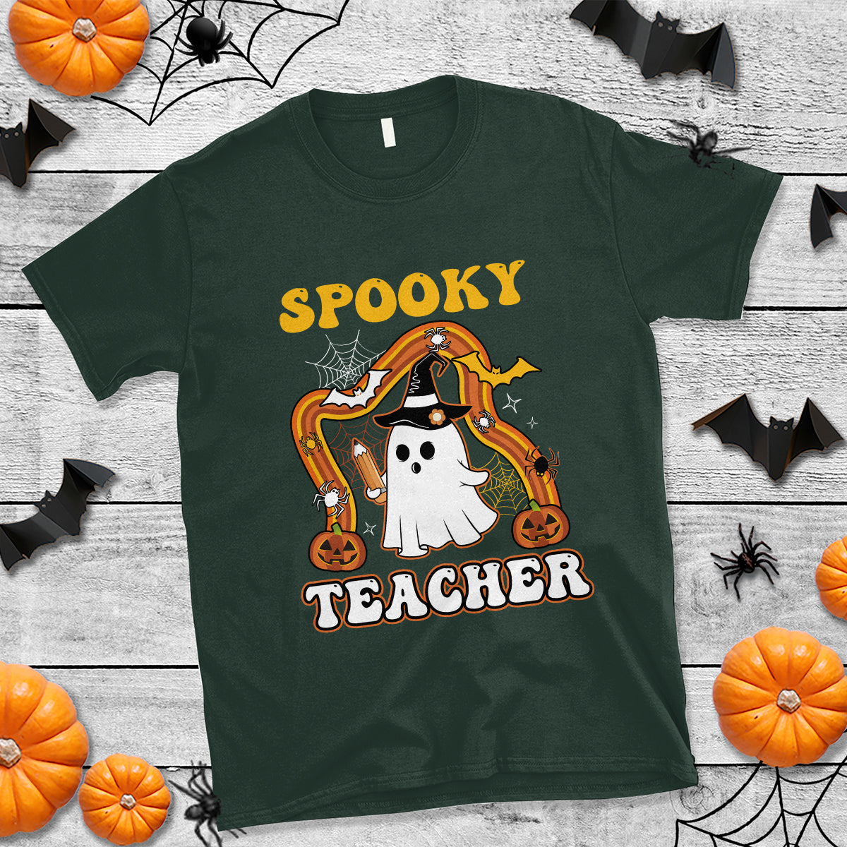 Halloween Teacher T Shirt Spooky Teacher Retro Rainbow Ghost Funny Halloween Teacher - Wonder Print Shop